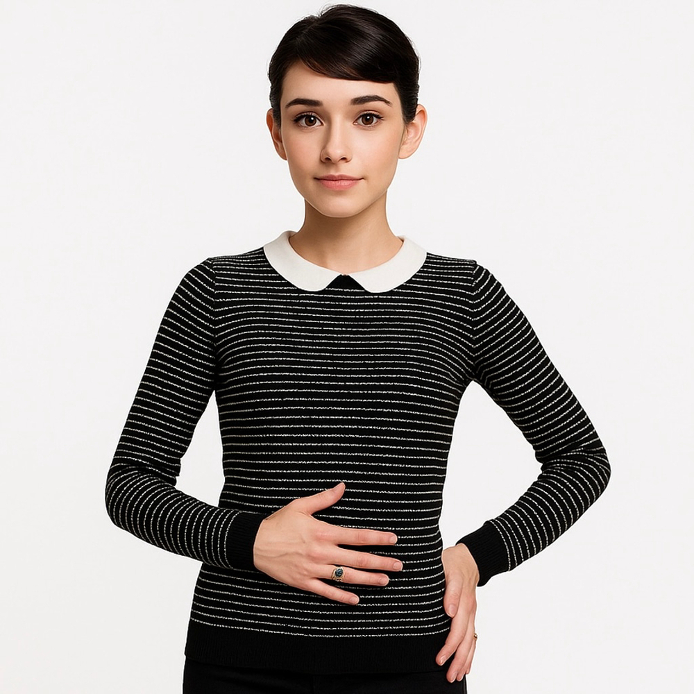 Tara Jarmon 100% Wool Knit Sweater Peter Pan Collar Black & White Stripe XS/S